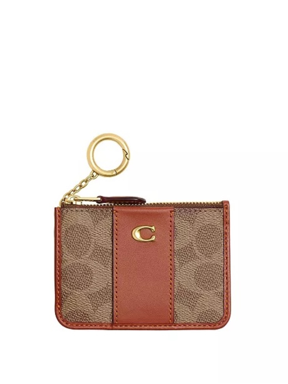 EUC Coach Signature Canvas Card Holder with Tan Leather Trim & Gold Key Ring